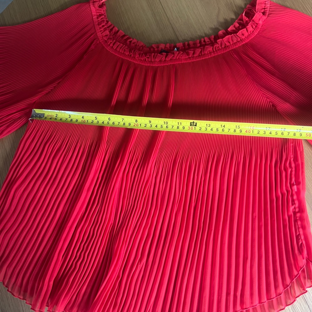 Zara Red Top Sheer Flowy Blouse Flirty Long Sleeve Pleated Off the Shoulder - Picture 4 of 6